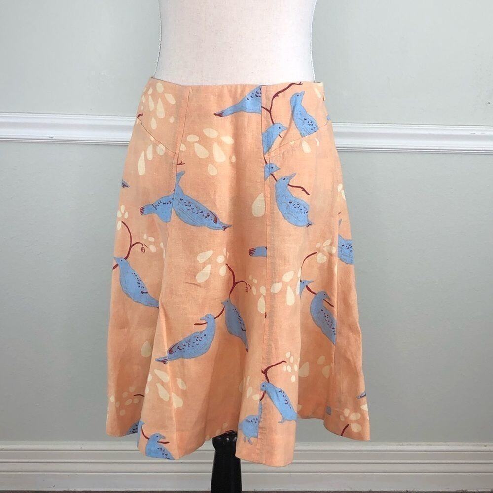 Meadow Rue Linen Orange Skirt with Blue Birds Size 0